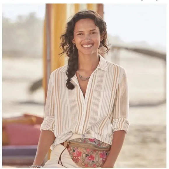 Sundance Catalog Women's Create Beauty Cream Striped Button Up Shirt Size XS - Picture 1 of 6